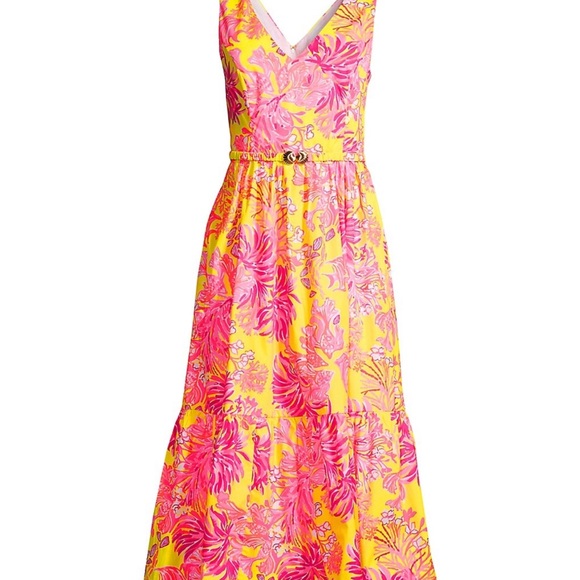 NWT Lilly Pulitzer Bri Midi Dress Calla Yellow Flora Sea Shells Pink V Neck 10 L - Picture 3 of 4